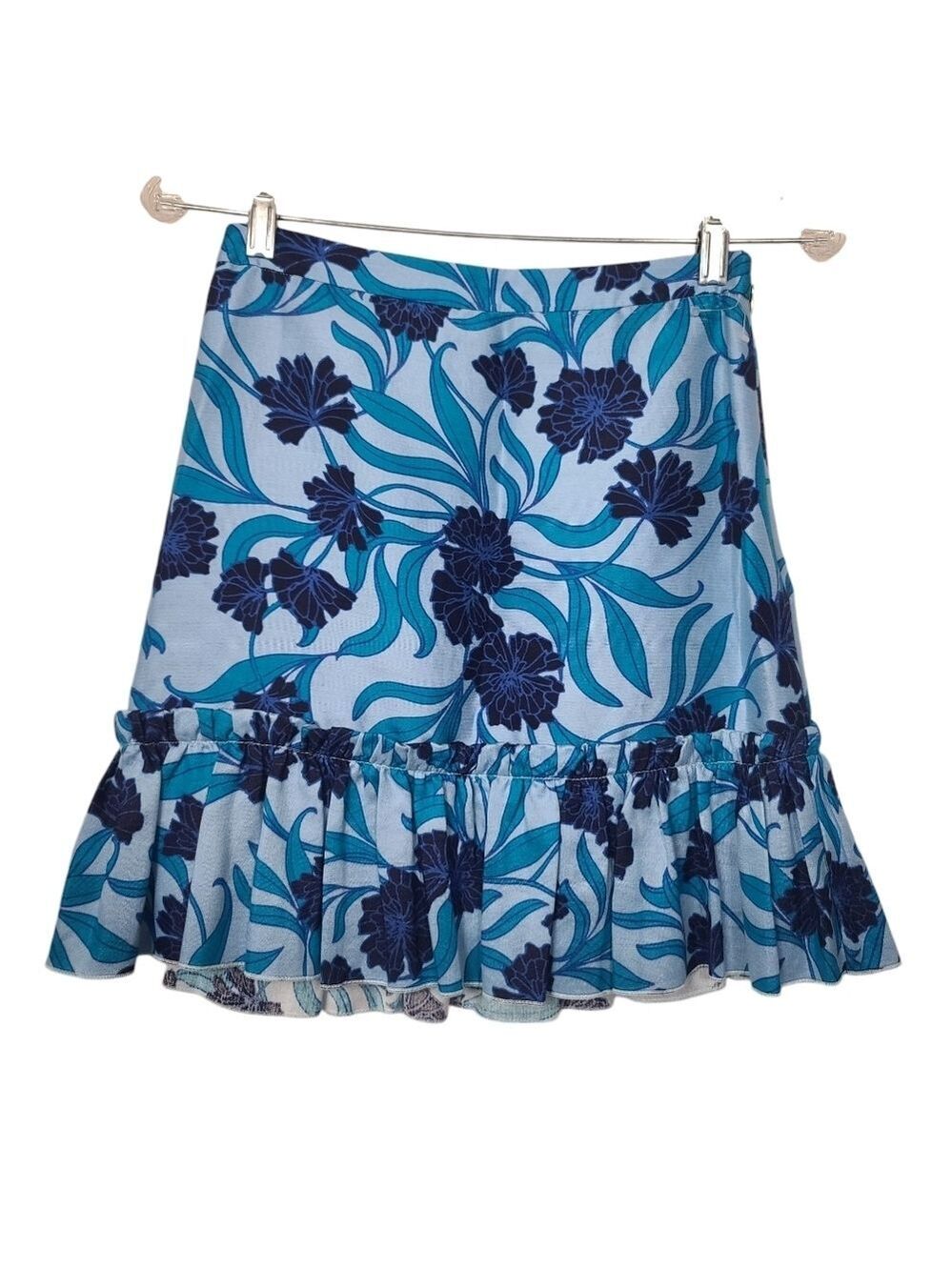 Draper James Blue Floral Ruffle Side Zip Skirt 0